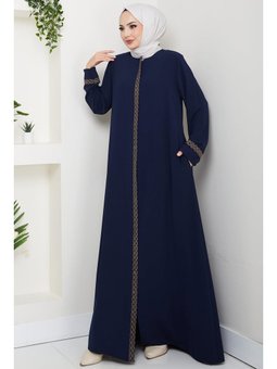 Çiçek Nakışlı Büyük Beden Lacivert Ferace