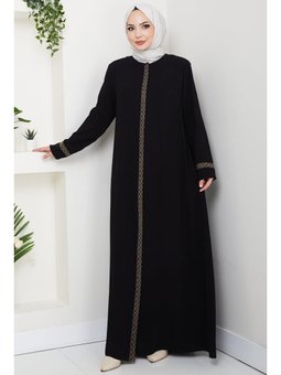 Çiçek Nakışlı Büyük Beden Siyah Ferace