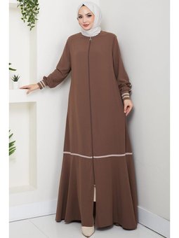 Çizgi Detaylı Kahverengi Ferace