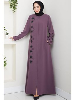 Deri İşlemeli Gül Kurusu Ferace