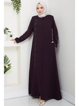 Deri İşlemeli Mürdüm Ferace