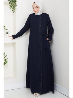 Gizli Fermuarlı Yandan Bağlamalı Boncuklu Lacivert Ferace