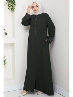 Gizli Patlı Çiçek Taşlı Haki Ferace