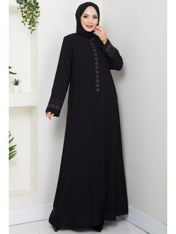 Gizli Patlı Çiçek Taşlı Siyah Ferace