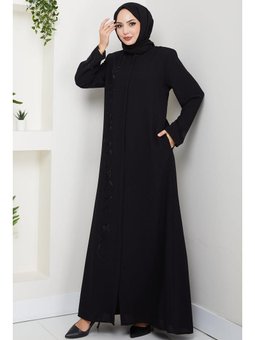 Gizli Patlı Taşlı Siyah Ferace