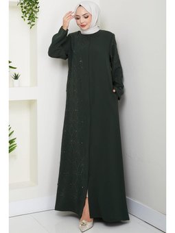 Gizli Patlı Yarım Taşlı Haki Ferace