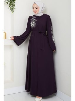 İncili Çiçek Motifli Kuşaklı Mürdüm Ferace