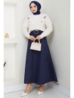 Kemerli Süet Mevlana Lacivert Etek