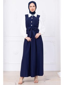 Kol Garnili Çizgili Lacivert Elbise