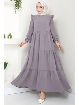 Omuzu Fırfırlı Ayrobin Gri Elbise