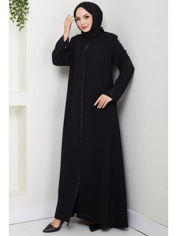 Zikzak Taşlı Siyah Ferace