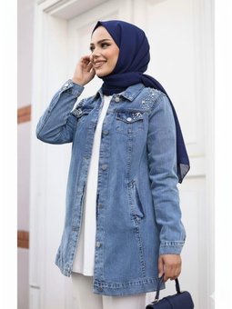 Boncuk İşlemeli Denim Kot Mavi Ceket