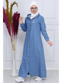 Boydan Düğmeli Kapüşonlu Açık Mavi Kot Elbise
