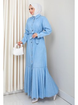 Düğmeli Kuşaklı Açık Kot Elbise