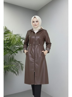 Fermuarlı Kapüşonlu İçi Şardonlu Deri Kahverengi Kap