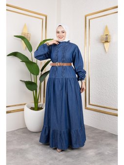 Fırfır Detaylı Kemerli Kot Koyu Mavi Elbise