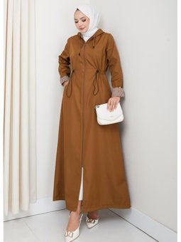 Kapüşonlu Çizgi Detaylı Taba Bondit Kap