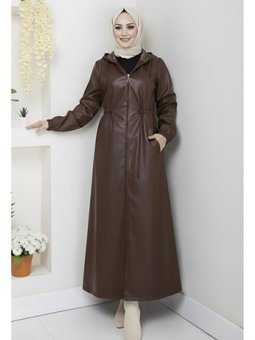 Kapüşonlu Fermuarlı İçi Şardonlu Kahverengi Deri Kap