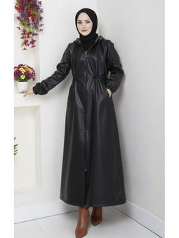 Kapüşonlu Fermuarlı İçi Şardonlu Siyah Deri Kap