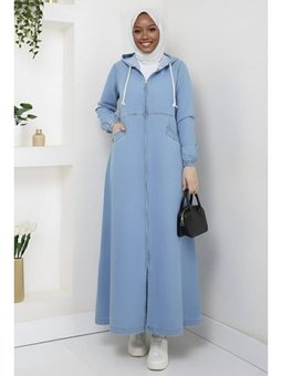 Kapüşonlu, Fermuarlı Ve Cepli Açık Kot Mavi Kap