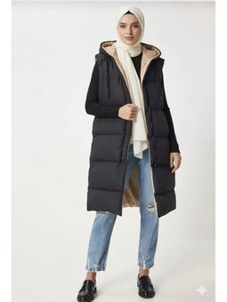 Krem Yelek Çift Taraflı Kapüşonlu Cepli Siyah