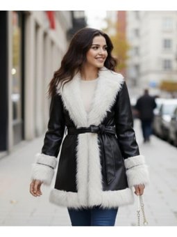 Tüylü Kemerli İçi Astarlı Deri Siyah Ceket