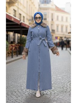 Tüylü Yakalı Kuşaklı Denim Mavi Kot Kap