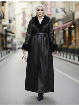 Yakası Tüylü Kuşaklı İçi Astarlı Deri Siyah Kap