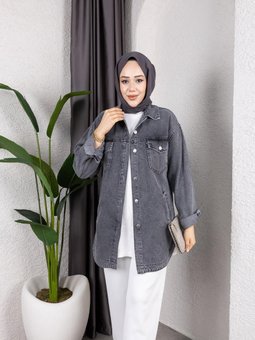 Yıkamalı Cepli Denim Koyu Gri Ceket