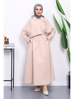 Bej Bel Lastikli Kemerli Trenç Elbise