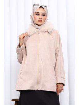 Bej Yaka Kürk Detaylı Süet Ceket