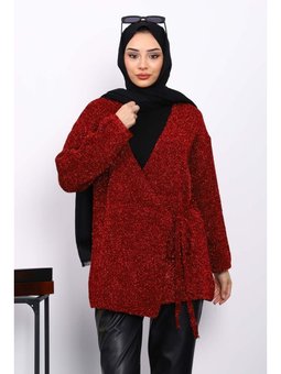 Bordo Bel Kuşaklı Simli Hırka
