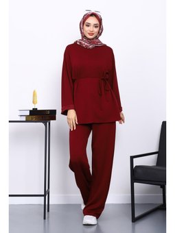 Bordo Belden Bağlamalı Pantolon Cepli Modal Takım