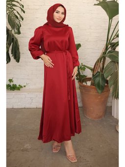 Bordo Hakim Yaka Balon Kol Saten Abiye Elbise