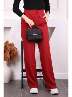 Bordo Yüksek Bel Beli Cırt Cırtlı Palozzo Pantolon