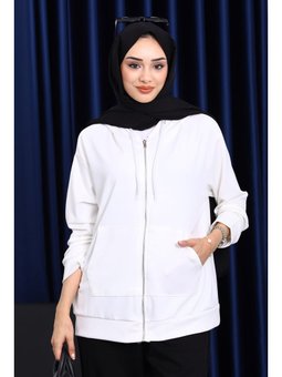 Ekru Kapüşonlu Fermuarlı Modal Sweat Hırka