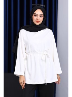Ekru Yanları Yırtmaçlı Bel İpli Tunik