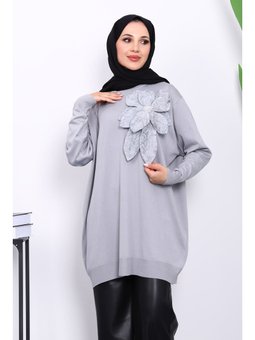 Gri Soğuk İplik Çiçek Detaylı Triko Tunik