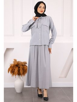 Gri Yaka Bağlamalı Gömlek Etekli Takım