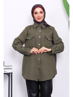 Haki Kapitone Çıtçıtlı Cepli Ceket