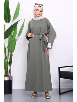 Haki Kolu Armalı Reglan Kol Basic Modal Kuşaklı Elbise