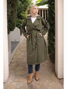 Haki Kruvaze Yaka Astarlı Trençkot