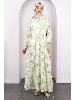Haki Yarım Düğmeli Eteği Katlı Desenli Elbise