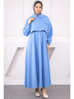 İndigo Ceket Kombinli Bel Lastikli Elbise