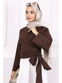Kahverengi Bel Bağlamalı Modal Gömlek