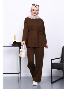 Kahverengi Belden Bağlamalı Pantolon Cepli Modal Takım