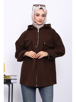 Kahverengi Kapüşonlu Çift Cepli Kaşe Ceket