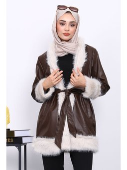 Kahverengi Kürk Detaylı Kuşaklı Deri Trenç Ceket