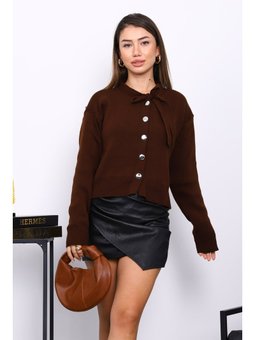 Kahverengi Yaka Bağlamalı Düğmeli Triko Hırka