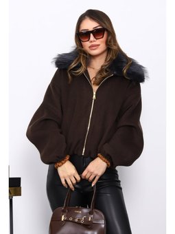 Kahverengi Yaka Kürklü Oversize Bomber Kaşe Ceket
